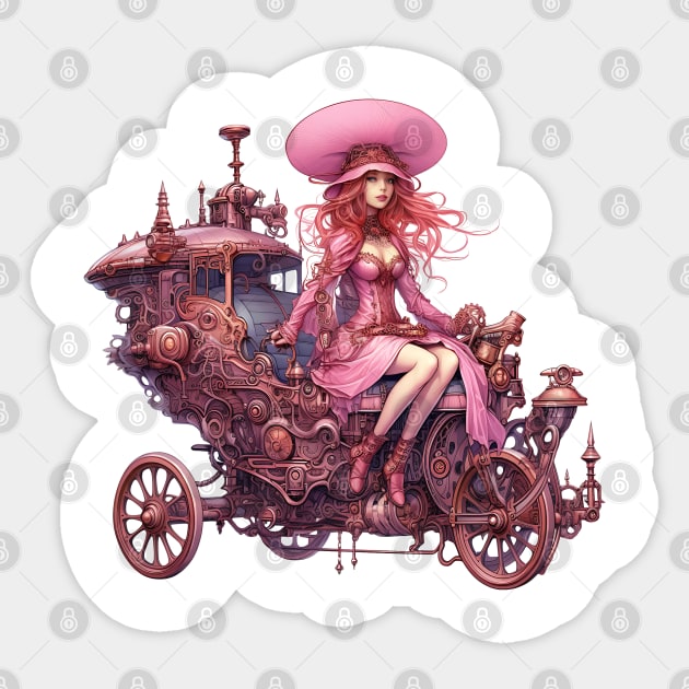 Pink Steampunk Woman in Carriage Sticker by Chromatic Fusion Studio